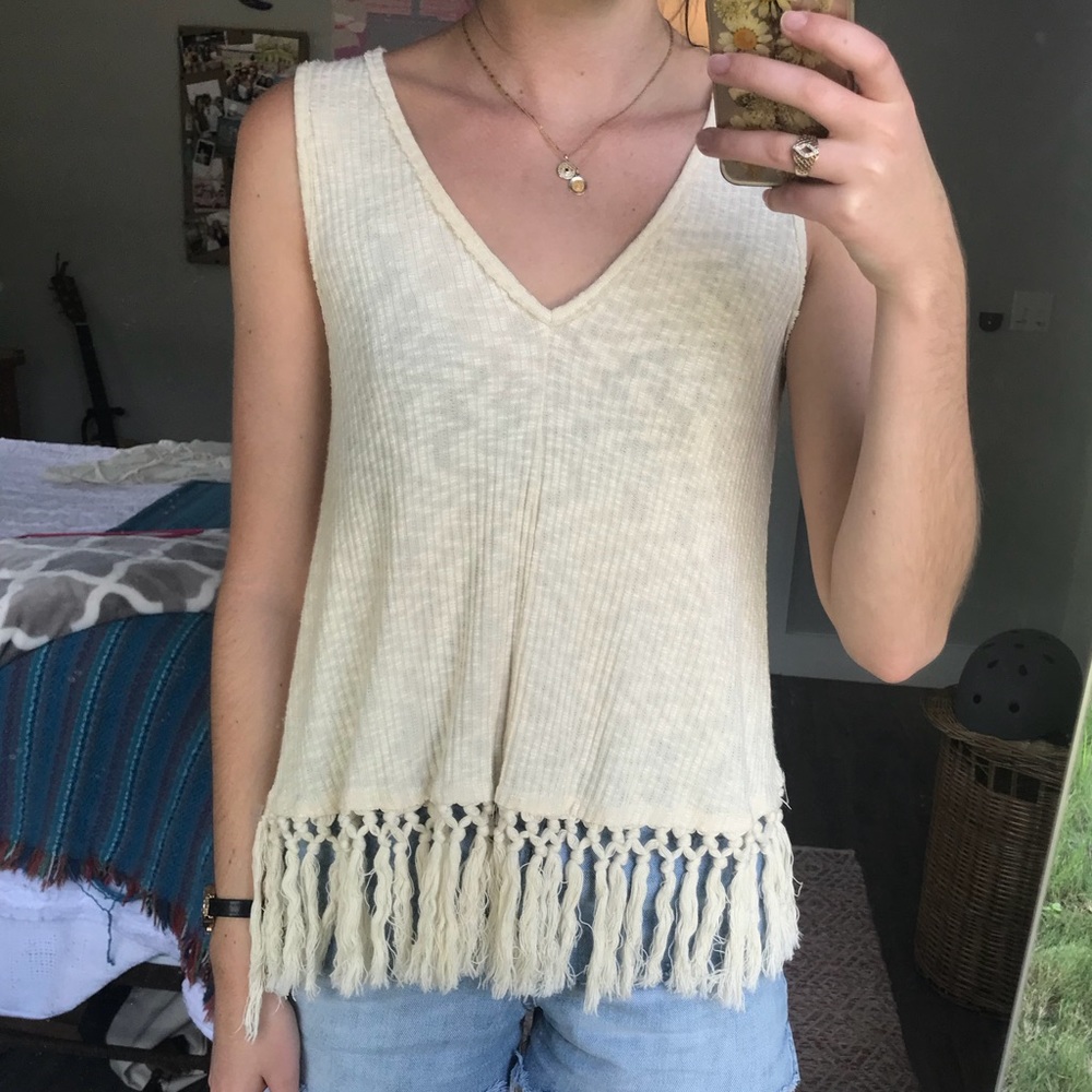 Knit cream tank with tassels